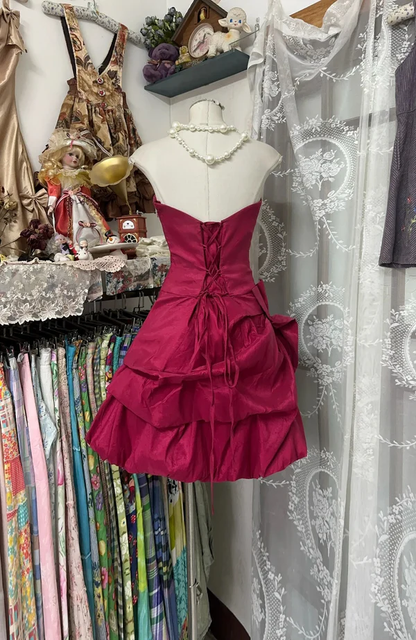 Vintage Strapless Red A-Line Satin Short Graduation Homecoming Dress 20th Birthday Outfits S867