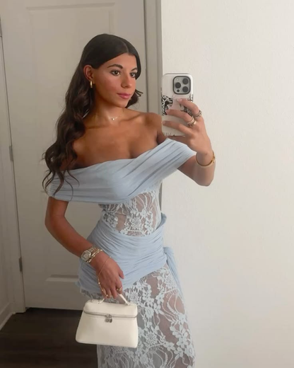Elegant Blue Lace Sheath Long Party Dress Off The Shoulder Long Birthday Evening Dress D4694