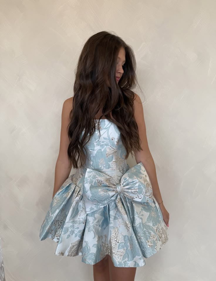 Classy Strapless Satin Print Floral A Line Short Birthday Outfits,Blue Short Homecoming Dress With Bow D4035