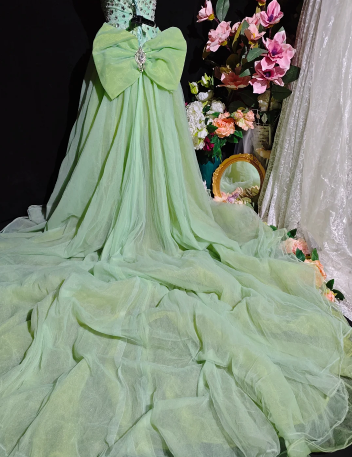 Unique Green Strapless Satin Tulle Beaded Long Birthday Party Dress Prom Gown D2372