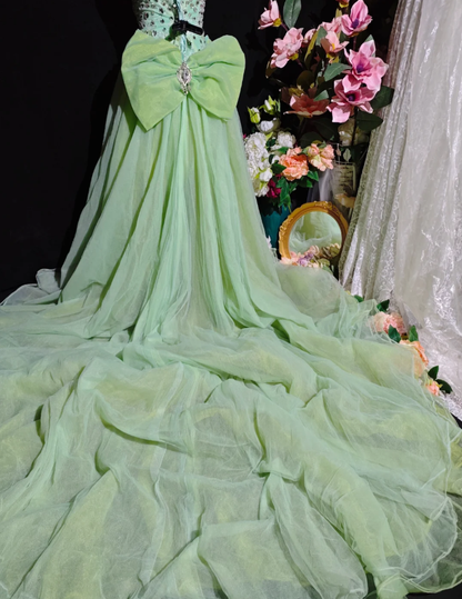 Unique Green Strapless Satin Tulle Beaded Long Birthday Party Dress Prom Gown D2372