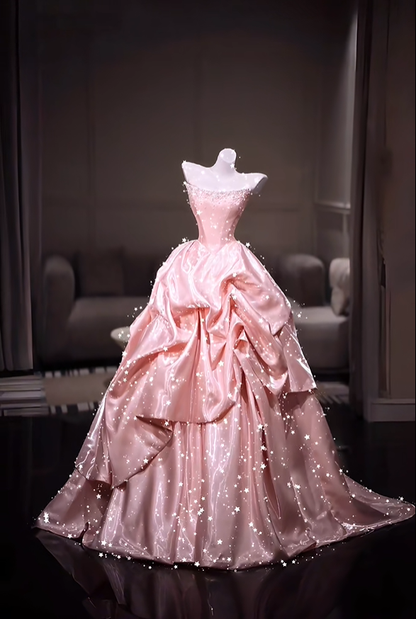 Glamorous Strapless Satin Beaded Evening Dress Pink Long Birthday Party Dress D5205