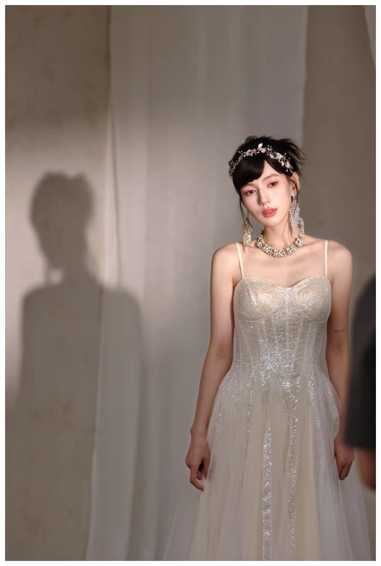 Classy Light Apricot Spaghetti Straps Tulle Sequin A Line Long Party Dress Evening Dress D2409