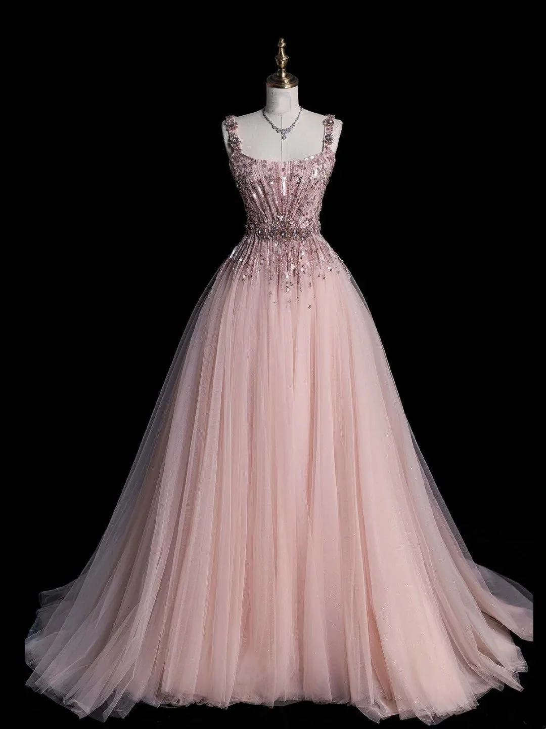 Pretty Square Neck Pink Tulle Sequin Beaded Long Party Dresses For Teens Evening Dress D4842