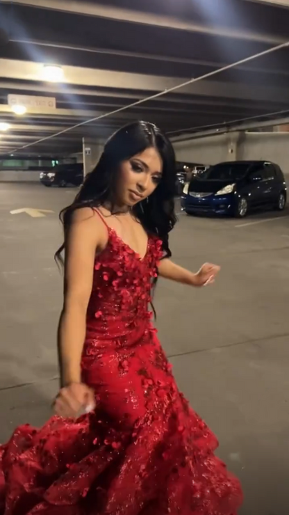 Sexy Spaghetti Straps Tulle Sequin Mermaid Evening Dress Red Long Party Dress D4982