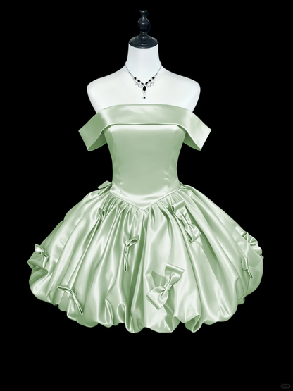 Classy Off The Shoulder Satin A Line Short 6th Grade Homecoming Dress,Blue Mini Birthday Dress With Bow D2794
