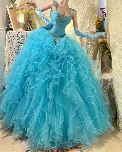 Elegant Blue Tulle Beaded Ruffles Long Ball Gown Formal Birthday Quinceanera Dress With Gloves D21115