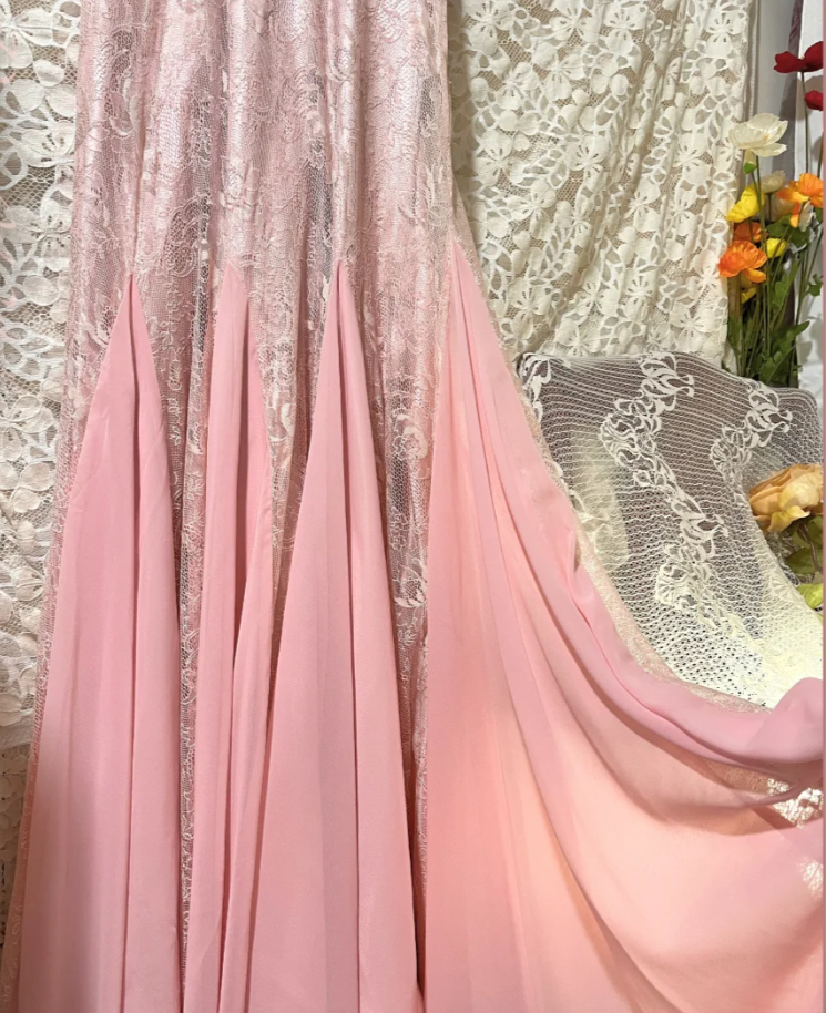 Classy V Neck Pink Lace Chiffon Mermaid Long Wedding Guest Dress Formal Prom Dress Party Gown D2134