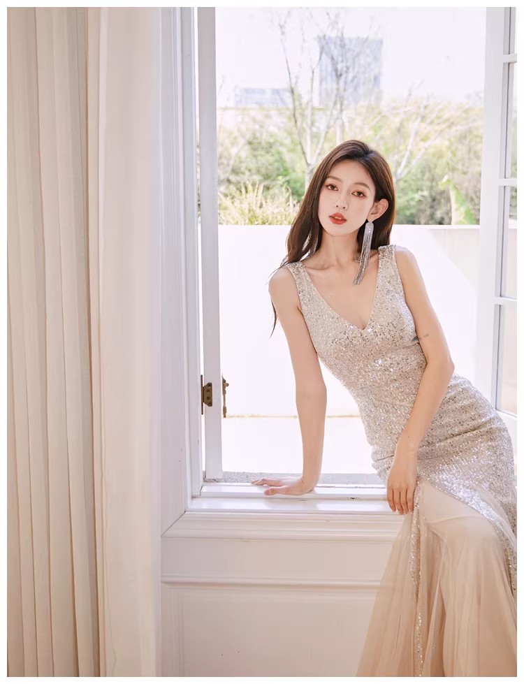 Glitter V Neck Champagne Silver Sequin Tulle Mermaid Long Evening Dress Party Gown D2399