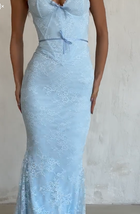 Charming Spaghetti Straps V Neck Sky Blue Lace Mermaid Party Dress Evening Gown D1002