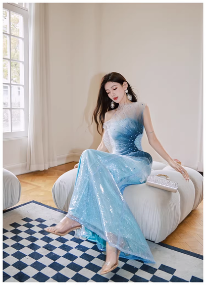 Glamorous Blue Tulle Sequin Mermaid Long Evening Dress Formal 19th Birthday Outfits With Beads D2400