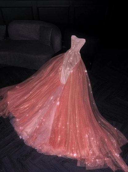 Pretty Strapless Satin Tulle Sequin Beaded Long Party Dress Pink Mermaid Long Evening Dress D4561
