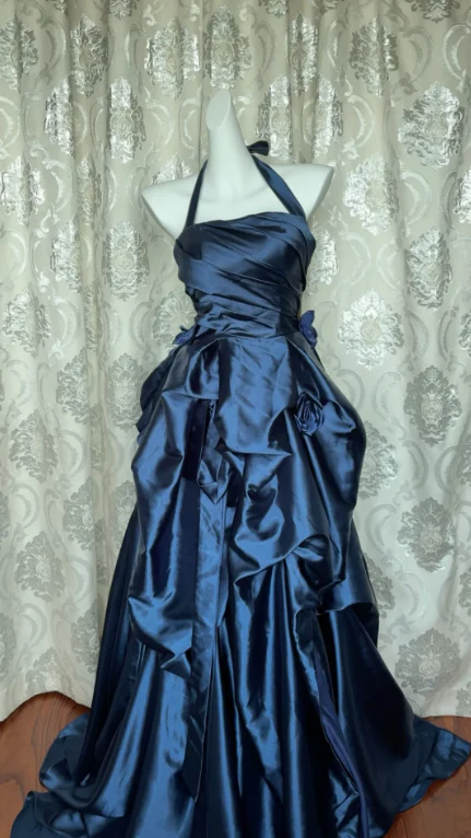Retro Halter Navy Blue Satin Pleated Ball Gown Long Party Dress D1042