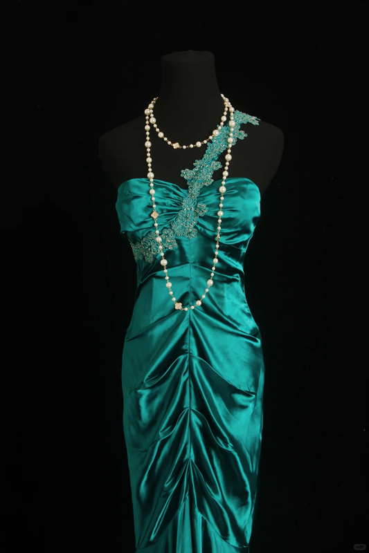Unique Green One Shoulder Satin Pleated Beaded Mermaid Long Party Dress Evening Dress D2854