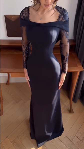 Fashion Off The Shoulder Navy Blue Satin Lace Mermaid Long Wedding Guest Dress Party Dress D1605