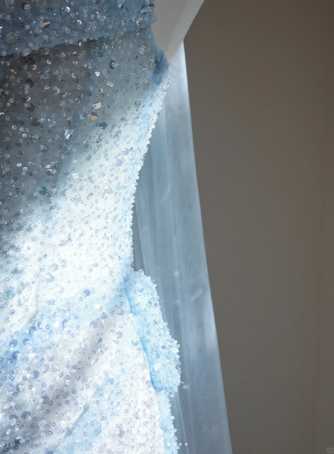 Pretty Strapless Light Blue Sequin Beaded Mermaid Long Birthday Party Dress Evening Gown D2159