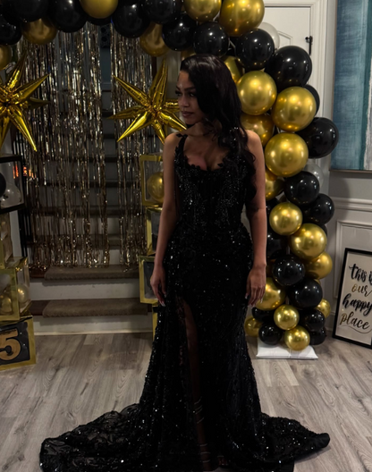 Gorgeous Black Lace Beaded Mermaid Slit Evening Dress Prom Gown S202