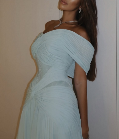 Elegant Off The Shoulder Blue Sequin Chiffon Pleated Mermaid Long Party Gown Evening Dress D1891