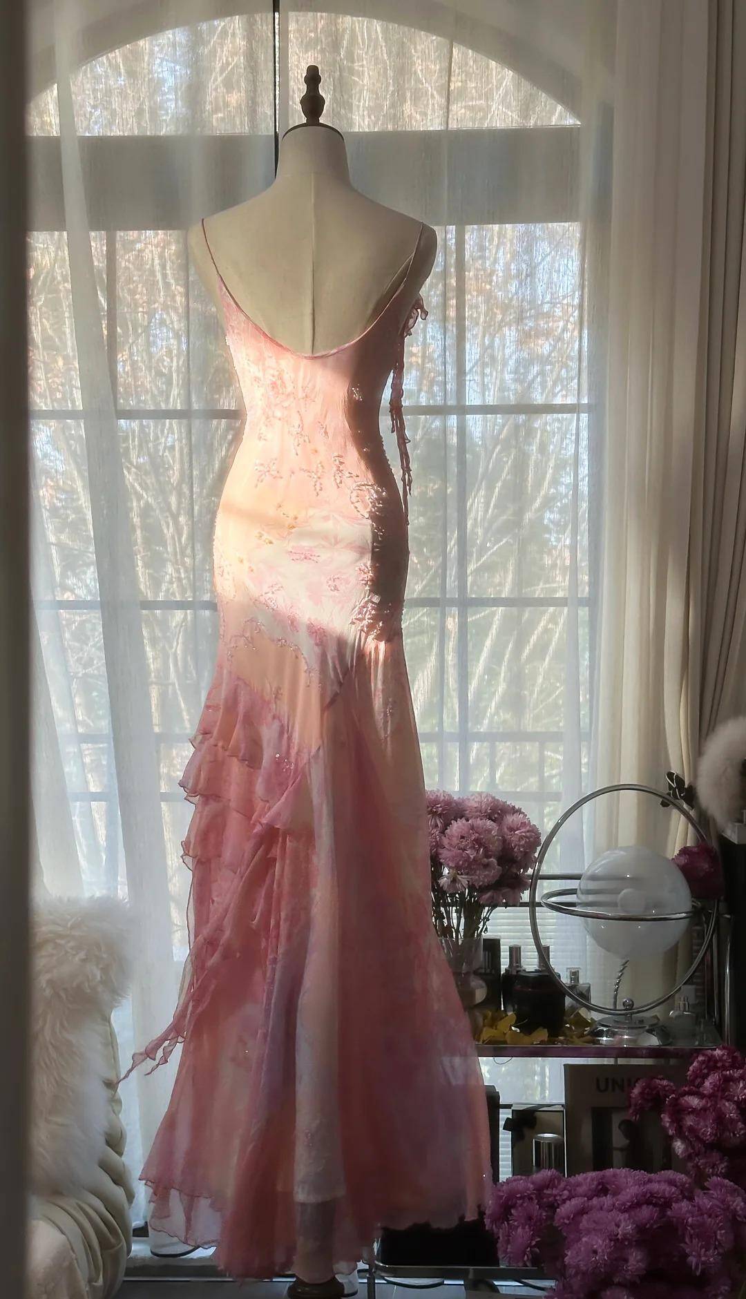 Classy Pink Spaghetti Straps Chiffon Beaded evening Dress Long Mermaid Birthday Party Dress S342