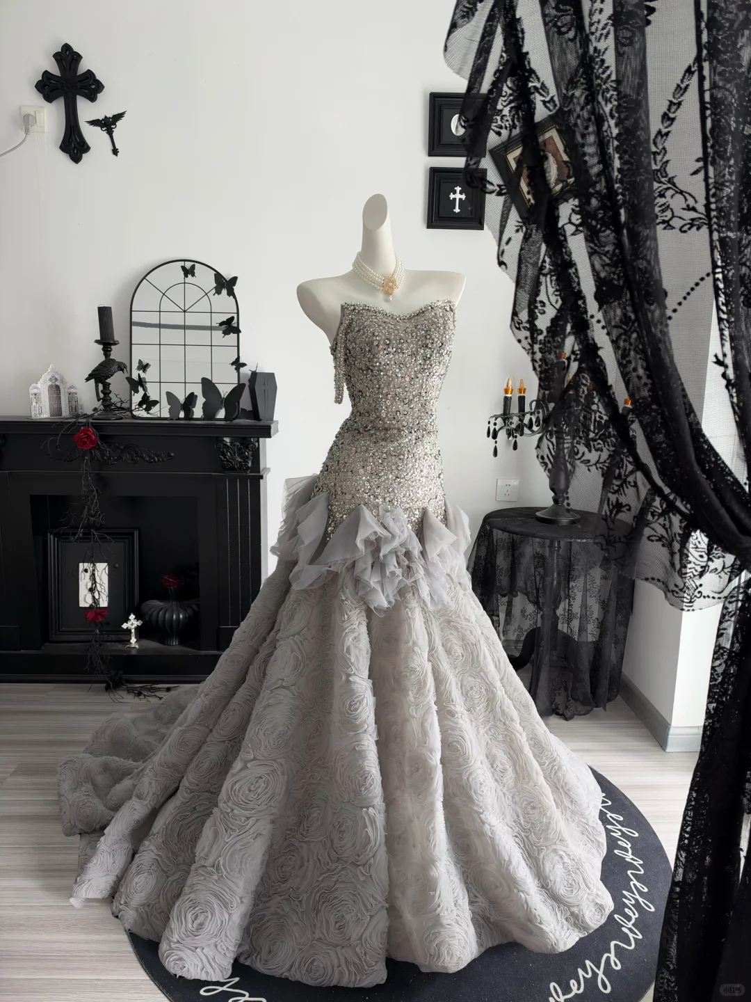 Gorgeous Silver Gray Tulle Rose Floral Sequin Beaded Mermaid Long Party Dress Evening Dress D4708