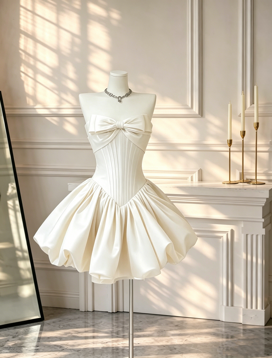 Cute Birthday Dress White strapless Satin A Line Short Homecoming Dress D2531