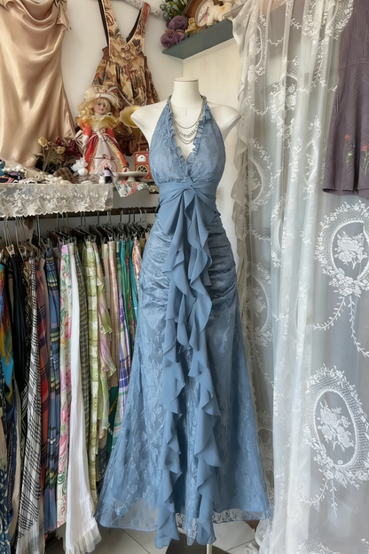 Vintage Mermaid Halter Sleeveless Long Black Lace Evening Dress Prom Dresses SD1908