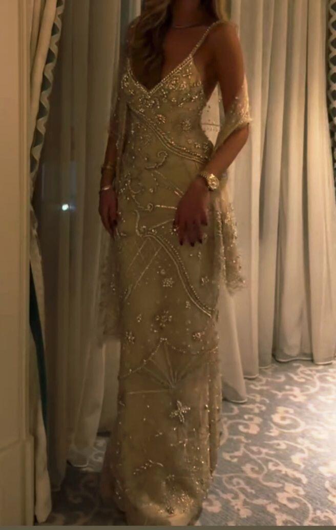 Gorgeous White Spaghetti Straps Satin Tulle Beaded Mermaid Long Party Dress Evening Dress With Wrap D3596