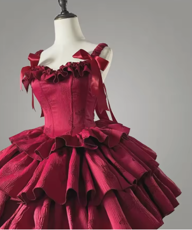 Sweet Satin Multi-Layered Print Floral A Line Homecoming Dress Red Spaghetti Straps Birthday Dress  S448