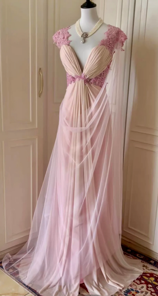 Charming V Neck Chiffon Lace Appliques Beaded Mermaid Long Evening Dress,Pink Party Gown D3094