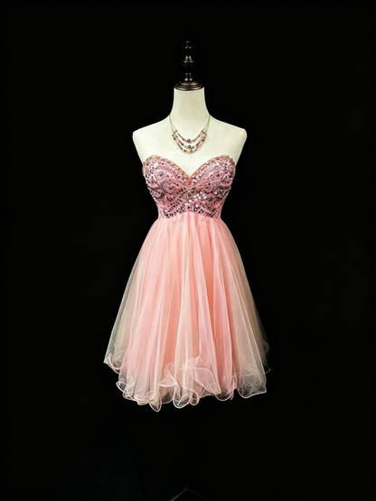 Pretty Pink Sweetheart Neck Tulle Beaded A Line Short Homecoming Dress Birthday Outfits D3246
