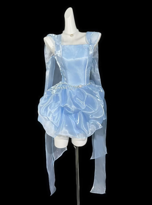 Fairy Blue Tulle Pleated A Line Short 15th Birthday Outfits,Mini Homecoming Dress D4152