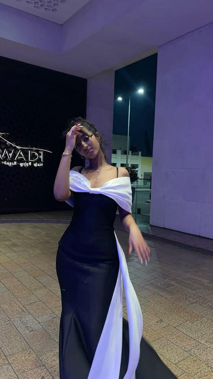 Elegant Bow Off The Shoulder Satin Mermaid Long Party Dress Black Long Birthday Evening Dress D4574