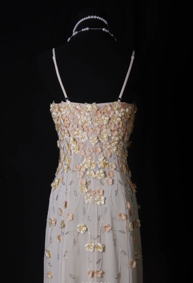Fairy Spaghetti Straps Chiffon 3D Floral Beaded Mermaid Long Prom Dress Party Gown D2239