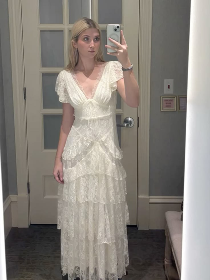 Classy V  Neck Lace Layered A Line Long Evening Dress White Long Birthday Party Gowns D5033