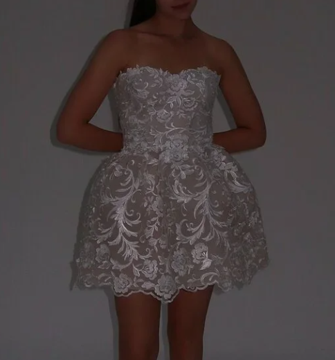 Classy Strapless White Lace Appliques Short Birthday Dress Formal Homecoming Dress D509