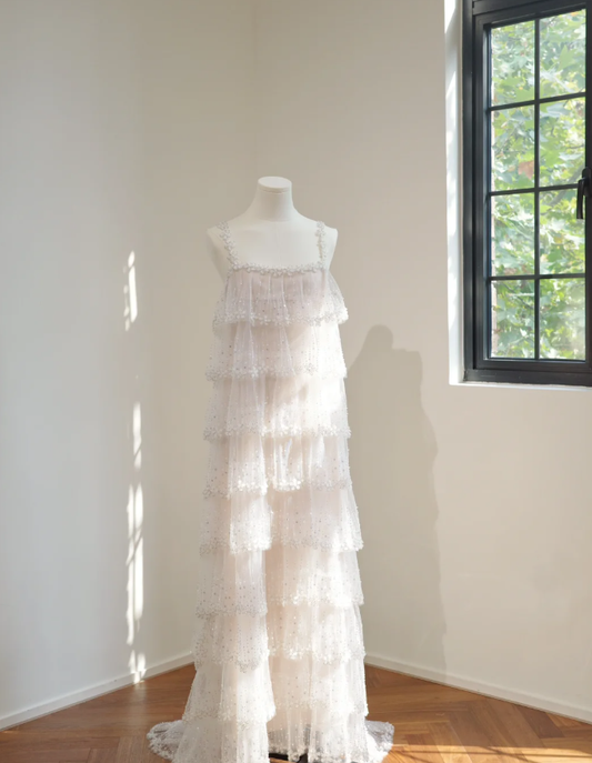 Classy Spaghetti Straps Tulle Sequin Beaded Layered Long Birthday Prom Dress Party Gown D2160