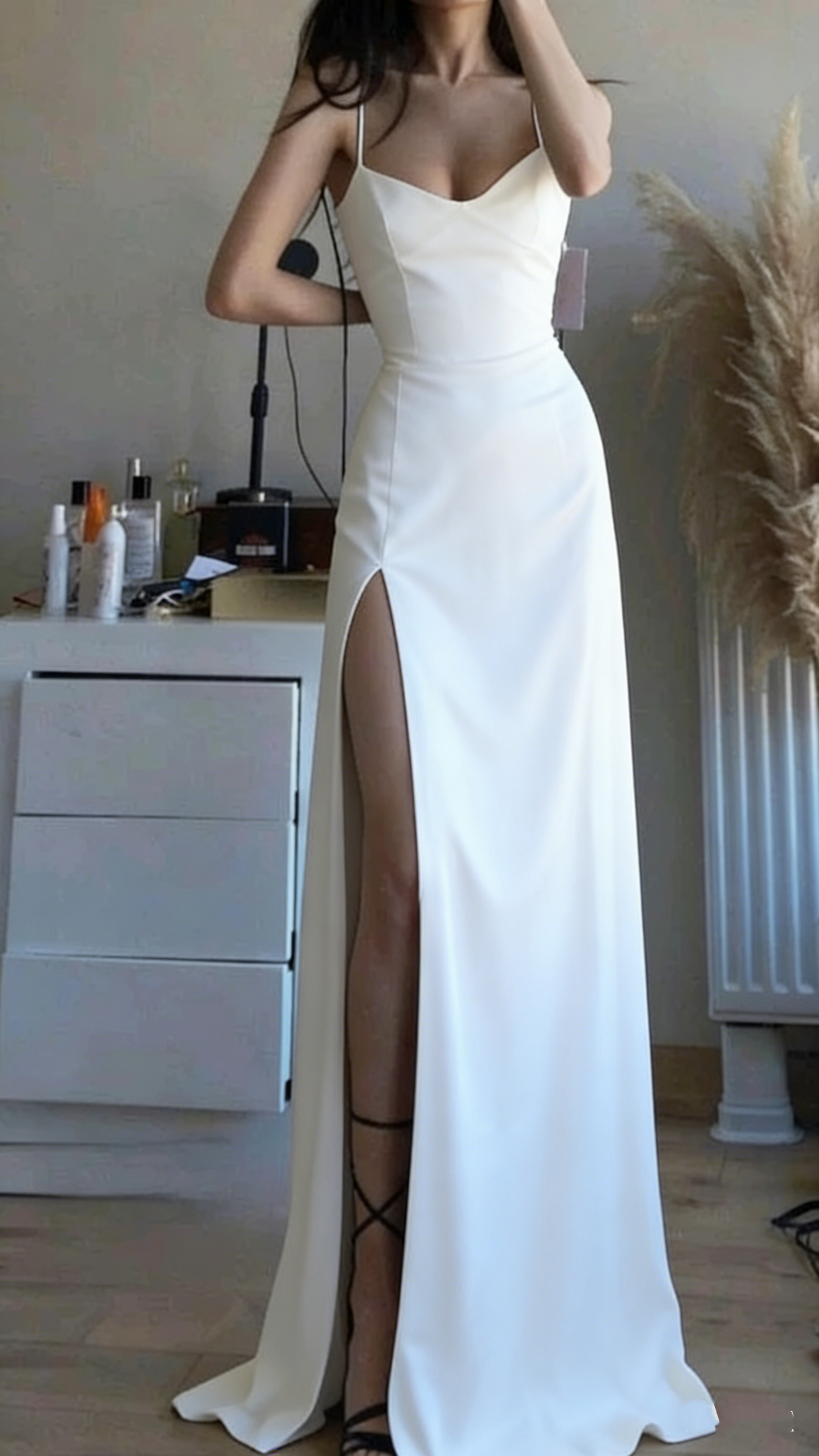 Sexy A Line Spaghetti Straps Black Satin Slit Party Dress Long Prom Dresses SD1516