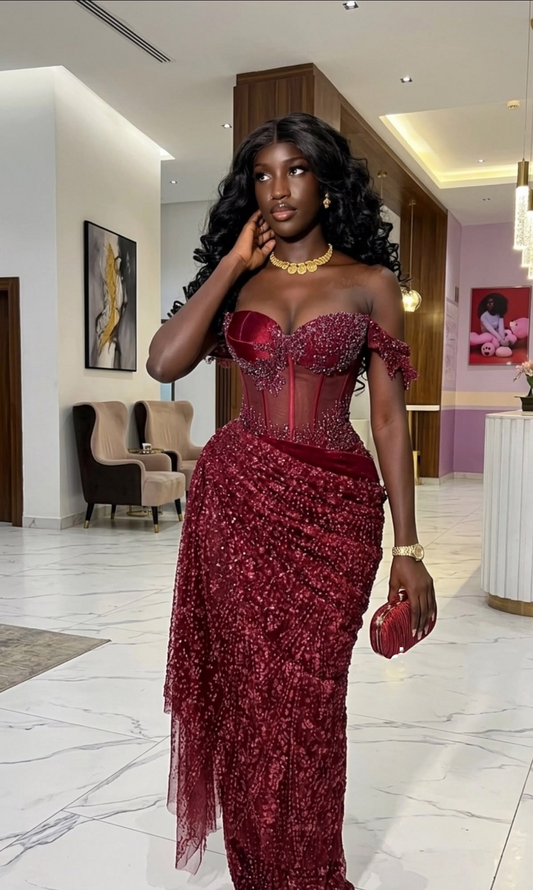 Classy Off The Shoulder Tulle Beaded Sheath Long Party Dress,Burgundy Evening Dress D3507