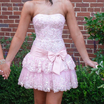 Sweet Pink Strapless Tulle Sequin A Line Short Homecoming Dress Birthday Outfit With Bow D4022