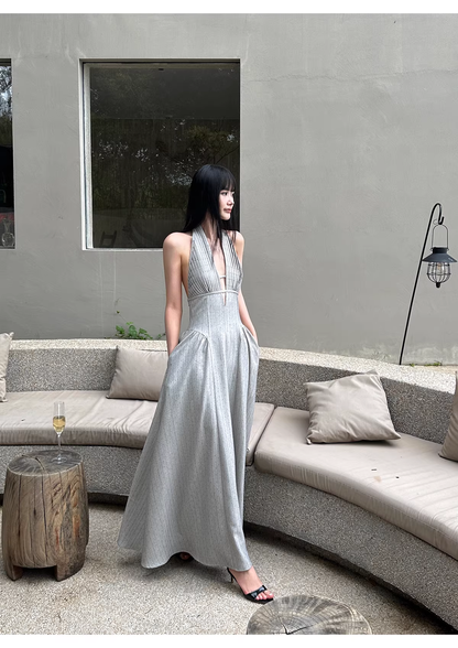 Fashion Halter Gray satin Pleated A Line Long Wedding Guest Dress,Backless Long Evening Dress Prom Gown With Pockets D2085