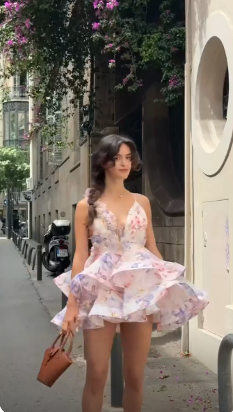 Pretty V Neck Pink Chiffon Print Floral A Line Short 9th Grade Homecoming Dress,Backless Short Prom Dress D3306