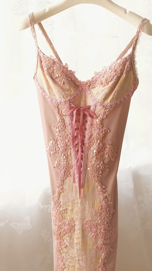 Retro Spaghetti Straps Satin Lace Appliques Sheath Evening Gown Pink Birthday Party Dress D2729