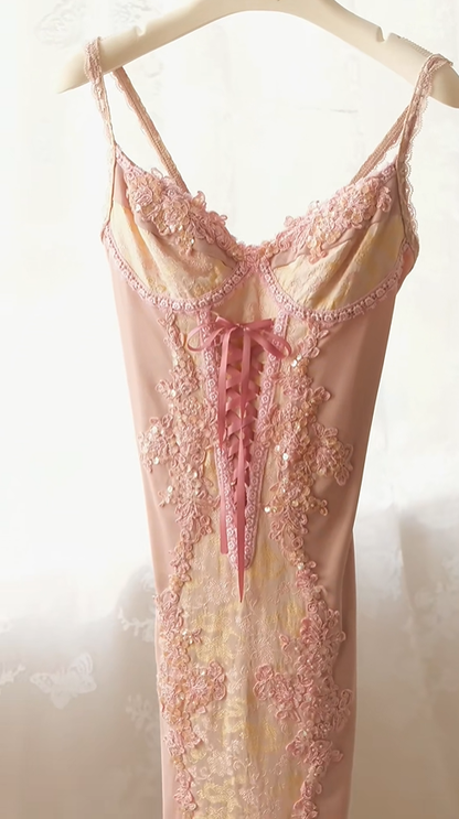 Retro Spaghetti Straps Satin Lace Appliques Sheath Evening Gown Pink Birthday Party Dress D2729