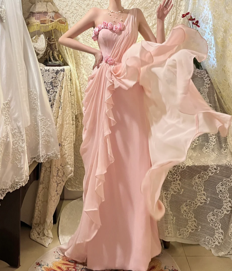 Pretty Pink Chiffon Pleated One Shoulder Mermaid Long Party Dress Evening Gown With Flowers D21116