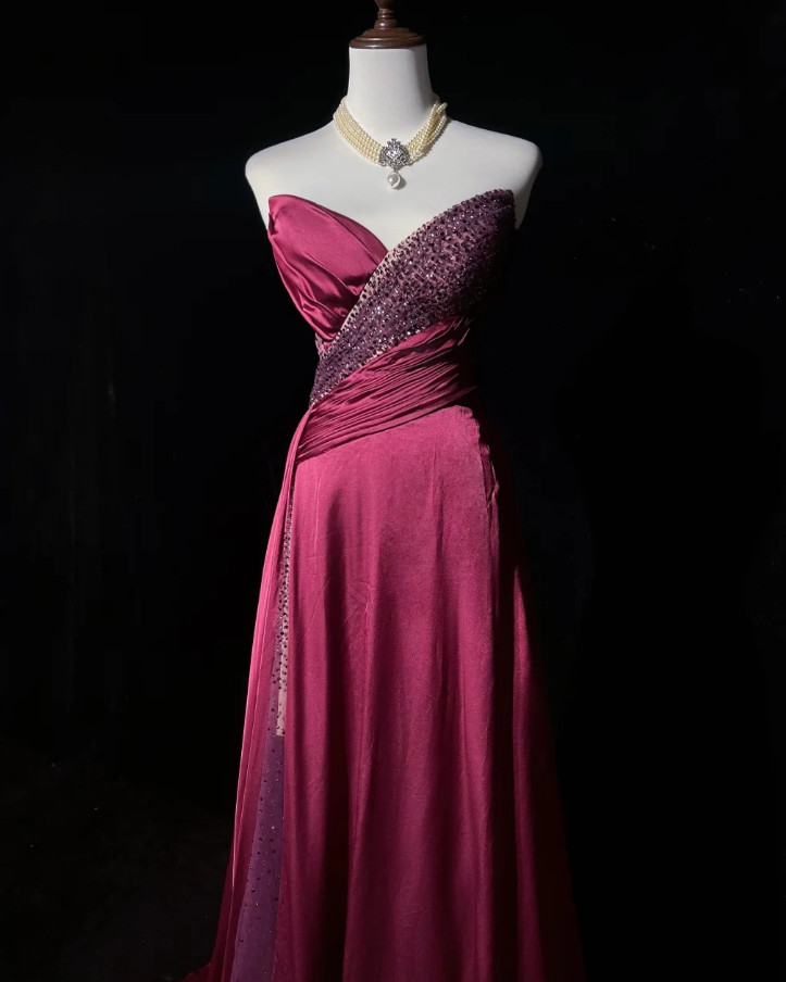 Elegant Strapless Hot Pink Satin Beaded Mermaid Long Wedding Guest Dress Formal Evening Dress D2058