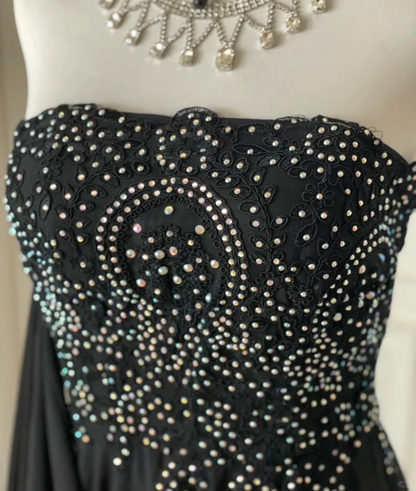 Stylish Black Strapless Chiffon Beaded Long Wedding Guest Dress,Formal Prom Dress Party Dress D3101