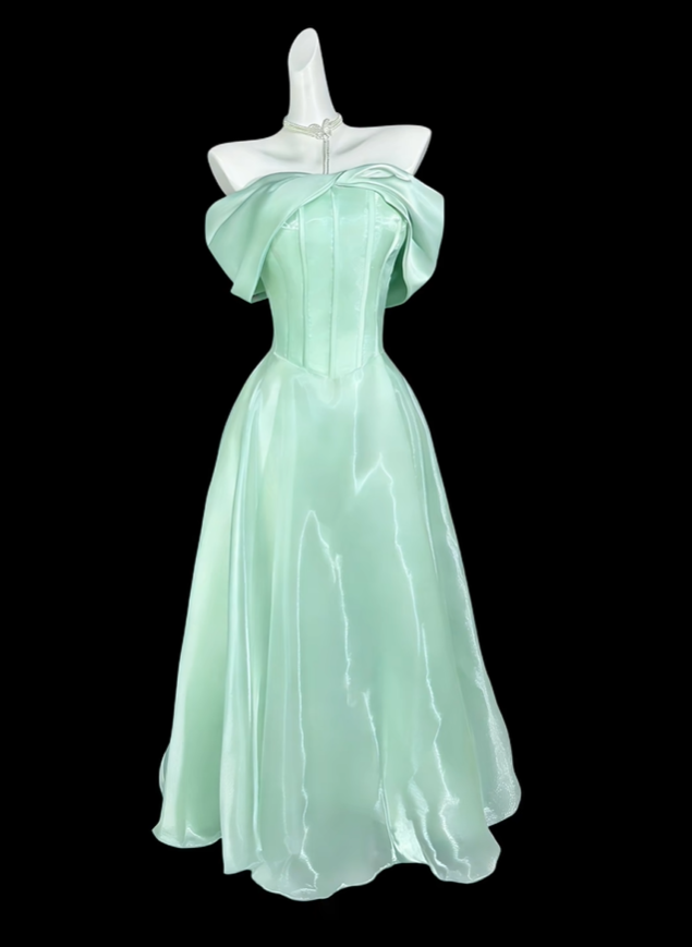 Charming Mint Green Satin Tulle A Line Long Party Dress,Off The Shoulder Long Birthday Prom Gown D4199