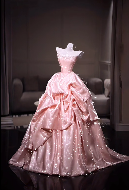 Glamorous Strapless Satin Beaded Evening Dress Pink Long Birthday Party Dress D5205