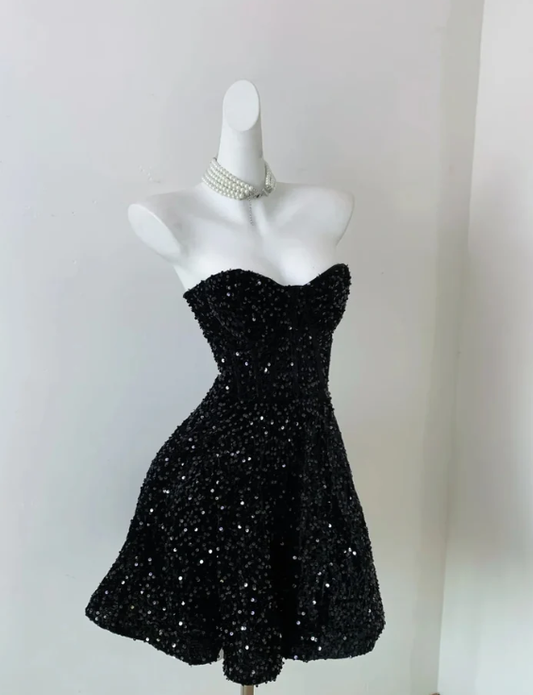 Charming A Line Strapless Sequin Homecoming Dress Black Short Graduation Dress 18th Birthday Party Dress S912