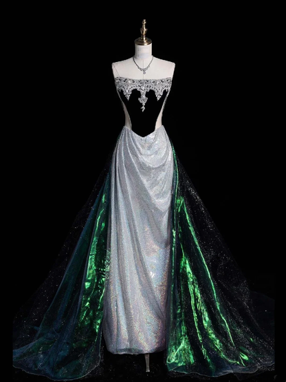 Fashion Strapless Mermaid Long Prom Dress Silver Sequin Green Tulle With Beaded Long Evening Dress D4852